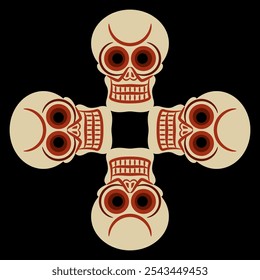 Square cross shape design with four stylized human skulls. Ancient Tibetan death symbol. 