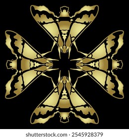 Square cross shape design with four Cizara sculpta moths. Beautiful Sphingida butterfly with spotted winged. Insect animal geometrical ornament. Golden glossy silhouette on black background.