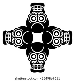 Diseño de forma de cruz cuadrada con cuatro cráneos humanos estilizados. Antiguo símbolo de la muerte tibetana. Silueta en blanco y negro.