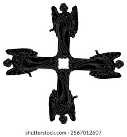 Square cross shape design with four vintage angels. Art Nouveau style. Black and white silhouette.