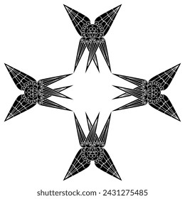 Square cross shape design or frame with four Six Winged Seraphim. Star shape frame with Christian angel or cherub. Black and white silhouette.