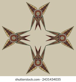 Square cross shape design or frame with four Six Winged Seraphim. Star shape frame with Christian angel or cherub.