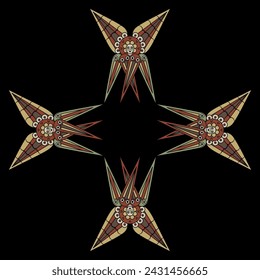 Square cross shape design or frame with four Six Winged Seraphim. Star shape frame with Christian angel or cherub. On black background.