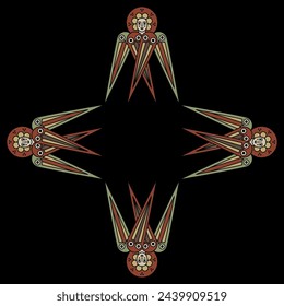 Square cross shape design or frame with four winged angels or cherubs. On black background.