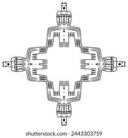 Square cross shape design or frame with ethnic motifs. Tribal ancient Siberian totem idol. Permian animal style. Winged shaman deity with three faces. Black and white linear silhouette.