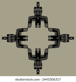 Square cross shape design or frame with ethnic motifs. Tribal ancient Siberian totem idol. Permian animal style. Winged shaman deity with three faces. Monochrome silhouette.