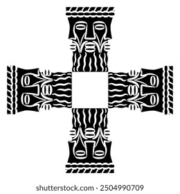 Diseño de forma de cruz cuadrada o marco con cuatro cabezas del dios celta Lugh. Trinidad pagana. Deidad galo Lugus. Tres hombres con barba. Diseño étnico. Silueta en blanco y negro.