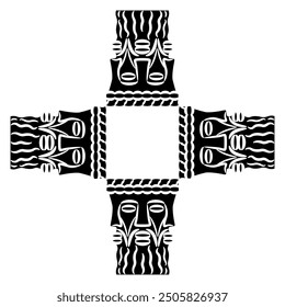 Diseño de forma de cruz cuadrada o marco con cuatro cabezas del dios celta Lugh. Trinidad pagana. Deidad galo Lugus. Tres hombres con barba. Diseño étnico. Silueta en blanco y negro.