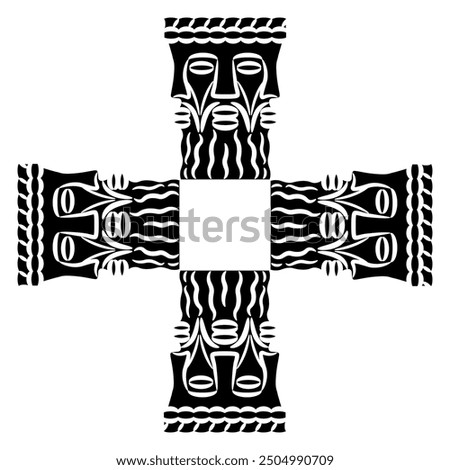 Square cross shape design or frame with four heads of Celtic god Lugh. Pagan trinity. Gaulish Deity Lugus. Three faced bearded man. Ethnic design. Black and white silhouette.