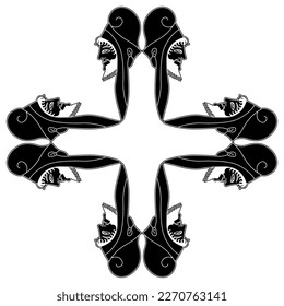 Diseño de cruces cuadradas con cabezas de antiguos hombres griegos barbudos usando cascos. Silueta blanca y negra.