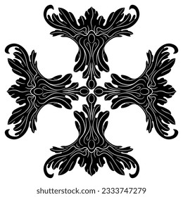 Square cross shape design with stylized leaves. Medieval baroque floral motif. Black and white negative silhouette.