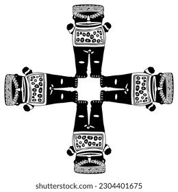 Square cross shape ethnic design with four fantastic figurines. Female whale shark shaman. Indigenous native American art of ancient Peru. Chancay culture. Black and white silhouette.