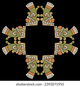 Square cross shape ethnic design or frame with stylized human skulls from Mexican codex. Native American design or Aztec Indians. On black background.