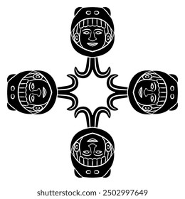 Square cross shape ethnic design with four human heads. Aztec god Ehecatl. Indigenous Native American art. Black and white silhouette.