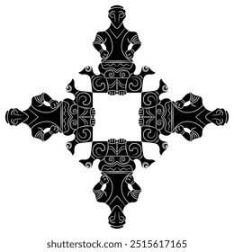Quadrado forma cruz desenho étnico ou quadro com quatro deusas neolíticas ou mulheres sentadas em dois pássaros. Cultura Vinča da Sérvia. Silhueta em preto e branco.