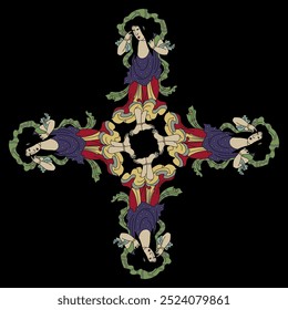 Square cross shape ethnic design with four Japanese heroes. Kongara Dōji. On black background