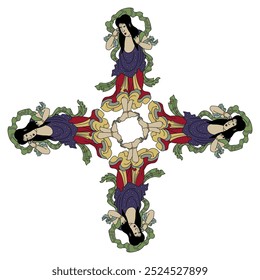 Vierkant kruis vorm etnisch ontwerp met vier Japanse helden. Kongara Dōji. Geïsoleerde vectorillustratie.