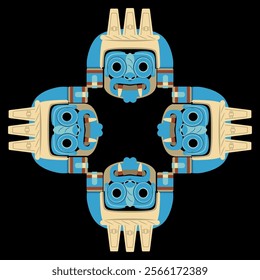 Square cross shape ethnic design with four masks of Aztec god Tlaloc. Native American  ornament.