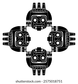 Square cross shape ethnic design with four masks of Aztec god Tlaloc. Native American  ornament. Black and white silhouette.