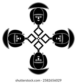 Square cross shape ethnic design with four African masks from Gabon. Guardian Figure Mbulu Ngulu. Black and white silhouette.