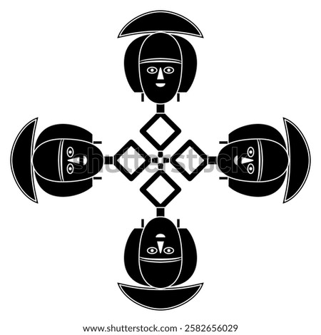 Square cross shape ethnic design with four African masks from Gabon. Guardian Figure Mbulu Ngulu. Black and white silhouette.