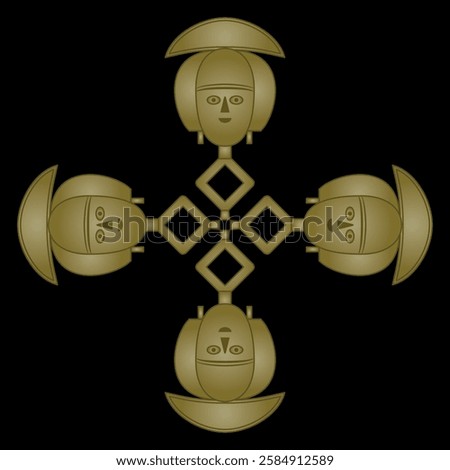 Square cross shape ethnic design with four African masks from Gabon. Guardian Figure Mbulu Ngulu. Golden silhouette on black background.