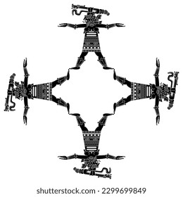Square cross shape ethnic frame with ancient Mayan goddess with serpent on her head. Codex design. Indigenous Native American art. Black and white silhouette.