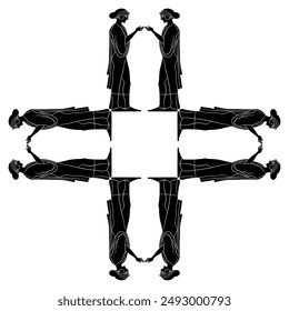 Square cross shape ethnic frame with standing ancient Greek women. Vase painting style. Black and white silhouette.