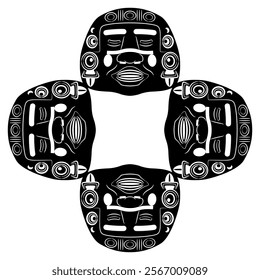 Square cross shape ethnic frame with four Olmec masks from Teotihuacan. Ancient Native American Pre Columbian Mexican art. Black and white silhouette.