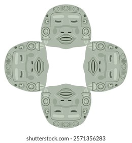 Square cross shape ethnic frame with four Olmec jade masks from Teotihuacan. Ancient Native American Pre Columbian Mexican art.