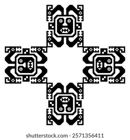 Square cross shape ethnic frame with ancient Peruvian motifs. Native American indigenous design from Recuay textile. Andean culture. Black and white silhouette.