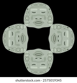 Square cross shape ethnic frame with four Olmec jade masks from Teotihuacan. Ancient Native American Pre Columbian Mexican art. On black background.