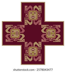 Square cross shape ethnic frame with ancient Peruvian motifs. Native American indigenous design from Recuay textile. Andean culture. 