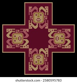 Square cross shape ethnic frame with ancient Peruvian motifs. Native American indigenous design from Recuay textile. Andean culture.