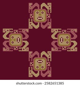 Square cross shape ethnic frame with ancient Peruvian motifs. Native American indigenous design from Recuay textile. Andean culture. 