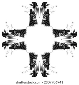 Square cross shape ethnic ornament or frame with standing winged antique women or angels. Ancient Greek goddess Nike. Black and white silhouette.