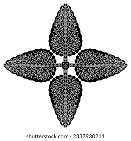 Square cross shape ethnic ornament with four stylized trees. Ancient Iranian floral design. Black and white negative silhouette.
