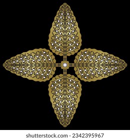 Square cross shape ethnic ornament with four stylized trees. Ancient Iranian floral design. Golden silhouette on black background with white pearls.