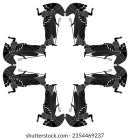 Square cross shape ethnic ornament or frame with antique angels. Ancient Greek winged goddess Nike or Victory with caduceus. Black and white silhouette.