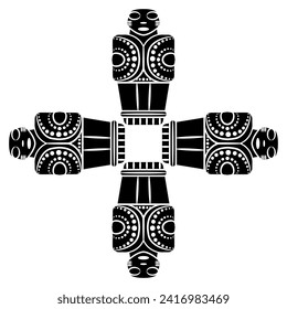 Square cross shape ethnic ornament with four stylized human figurines. Tribal idol. Native American pre Columbian art from Costa Rica. Black and white silhouette.