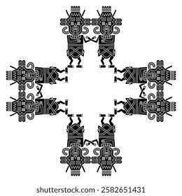 Square cross shape ethnic ornament or frame with stylized human figurines from Paracas. Indigenous Native American design from ancient Peru. Black and white silhouette.