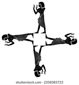 Square cross shape ethnic pattern with four praying ancient Egyptian men. Black and white silhouette.