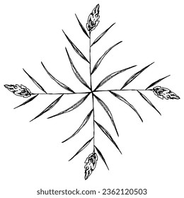 Square cross shape floral design with four blooming branches. Hand drawn linear doodle rough sketch. Black silhouette on white background.