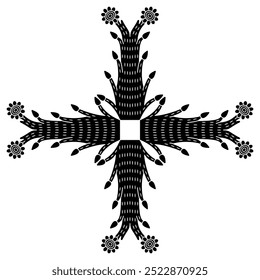 Square cross shape floral design with four stylized trees or blooming branches. Ethnic motif of Aztec Indians from Mexican codex. Black and white silhouette.