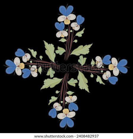 Square cross shape floral ornament with blooming branches of wild pansy or viola tricolor flower. Medieval illuminated manuscript art. 