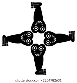 Forma de cruz cuadrada con cuatro patas o piernas humanas antropomórficas graciosas con caras. Símbolo nativo americano. Antiguo diseño étnico peruano de la cerámica Nazca. Silueta blanca y negra.