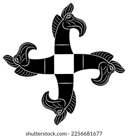 Square cross shape with four griffin heads. Nomadic Scythian Iron Age Pazyryk culture. Black and white silhouette.