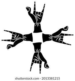 Square cross shape with four human hands showing two fingers. Apotropaic Sign of the horns gesture against bad luck. Antique ancient Greek or Roman deign. Black and white negative silhouette.