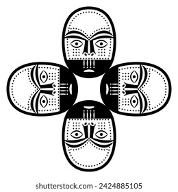 Quadratische Kreuzform mit vier Masken von Eskimo- oder Inuit-Indianern. Ethnisch indigenes Design. Schwarz-Weiß-Silhouette.