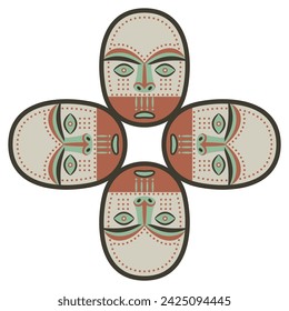 Quadratische Kreuzform mit vier Masken von Eskimo- oder Inuit-Indianern. Ethnisch indigenes Design. Isolierte Vektorgrafik.